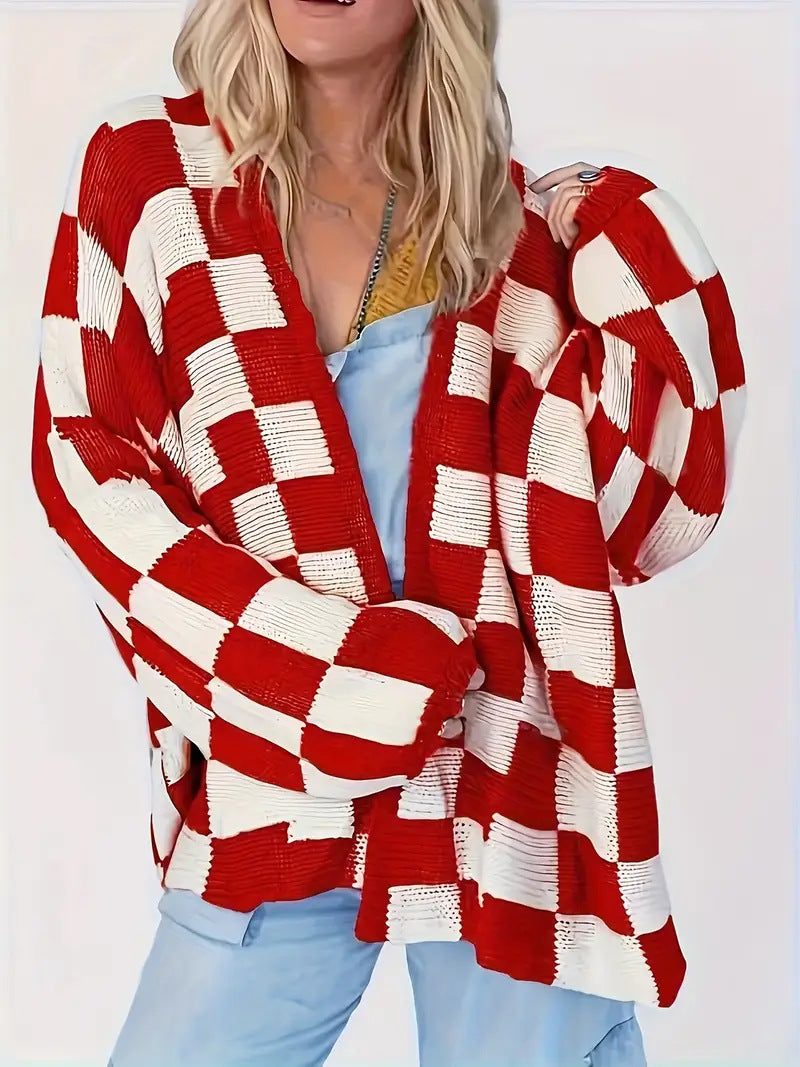 Plus Size Plaid Print Drop Shoulder Cardigan, Casual Long Sleeve Open Front Knitwear for Fall & Winter, Women's Plus Clothing for Daily Wear, Style - Seldom Seen Styles