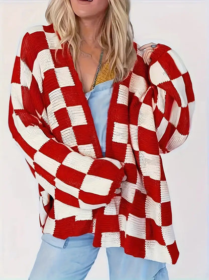 Plus Size Plaid Print Drop Shoulder Cardigan, Casual Long Sleeve Open Front Knitwear for Fall & Winter, Women's Plus Clothing for Daily Wear, Style - Seldom Seen Styles