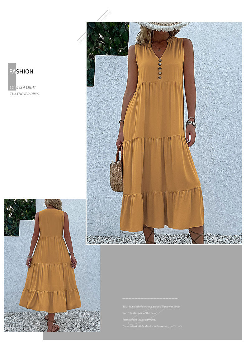 Summer Flowy Maxi Dress with Pockets Sleeveless Loose Casual Sundress V-Neck Tiered Sun Dress for Beach Cruise Vacations