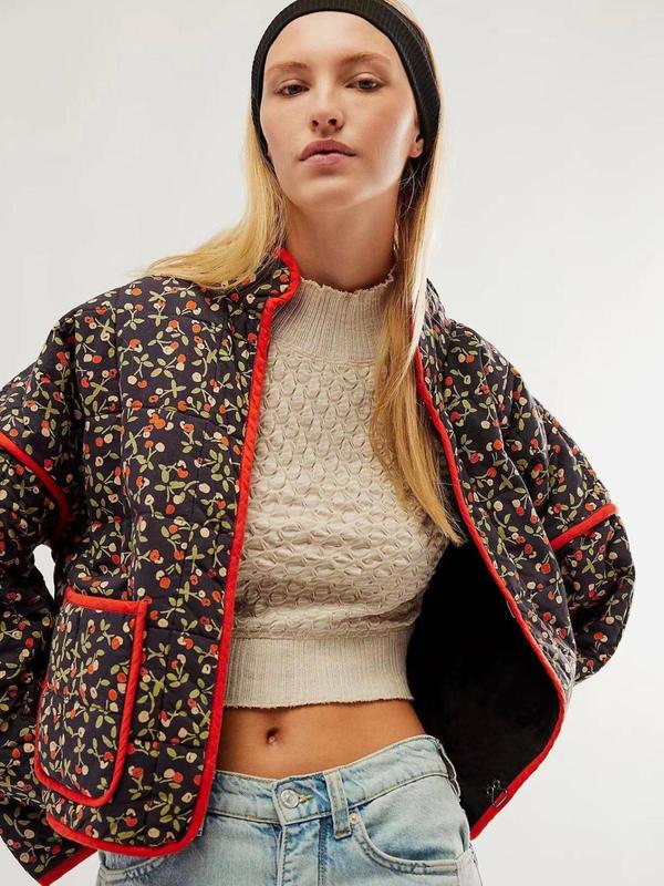 Women's Ditsy Floral Print Drop Shoulder Coat, Casual Long Sleeve Pocket Outerwear for Autumn & Winter, Ladies Clothes for Daily Wear - Seldom Seen Styles