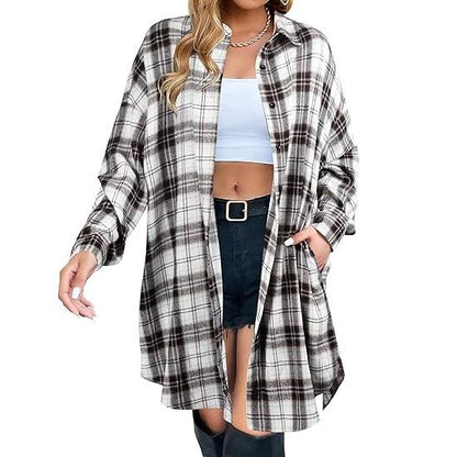 Women's Button Down Flannel Shirts Plaid Shacket Long Sleeve Collared Long Jacket Coats #Springtok - Seldom Seen Styles