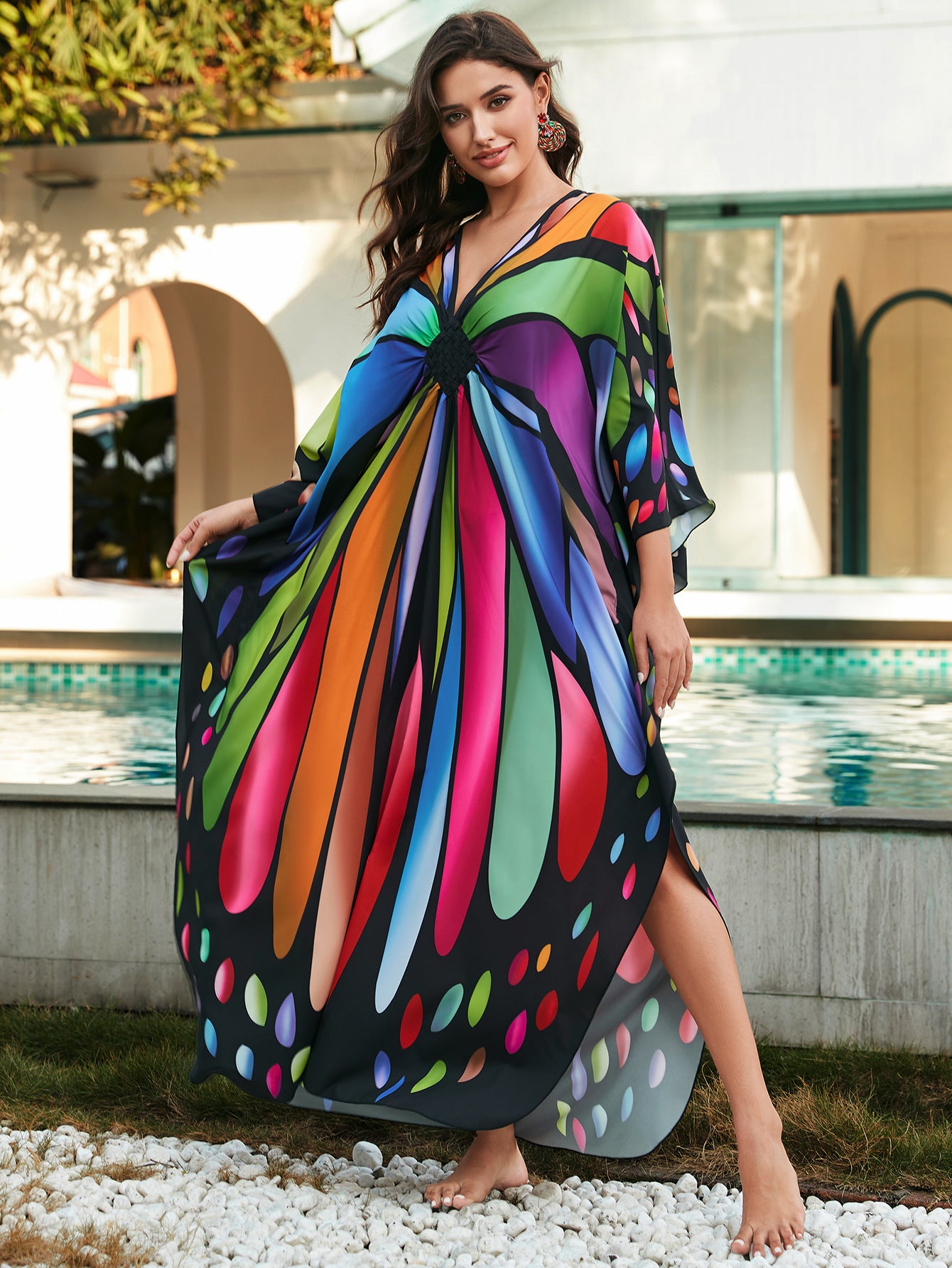 [Plus Size] Butterfly/feather Print Ruched Split Hem Tunic Dress, Valentine's Day Elegant Batwing Sleeve V Neck Long Dress for Summer, Casual Womenswear, Gift, Homecoming Dresses, Women's Clothes for Beach Holiday Vacation, Moo Moo Dresses