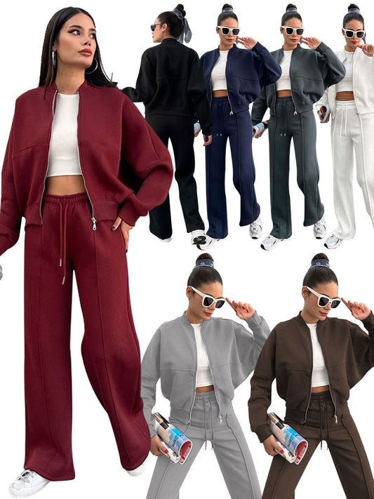 Sporty Two-piece Set Women's Plain Mock Neck Zip Up Jacket & Pocket Drawstring Waist Sweatpants Sports Sweat Suit, Sports Cozy Breathable Outfits Tracksuits for Daily Outdoor Wear, Tracksuit Set, Ladies Sportswear for All Seasons