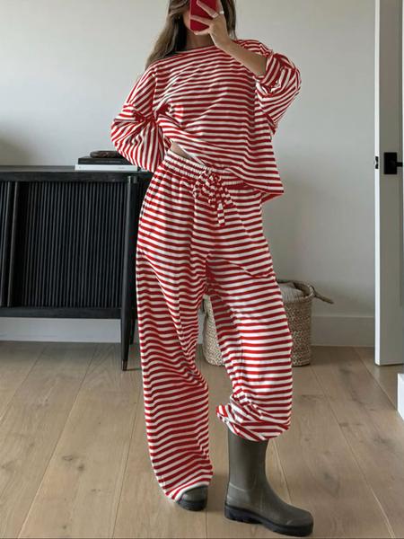 Women's Casual Striped Long Sleeve Top & Pants Set, Comfortable Loose-Fitting Home Wear, Fashionable Two-Piece for Daily Use - Seldom Seen Styles