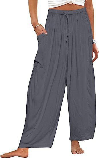 Linen Blend Drawstring Waist Pocketed Loose Pants Casual Simplicity Pocket Loose Mid Waist Wide Leg Solid Color Bottoms - Seldom Seen Styles