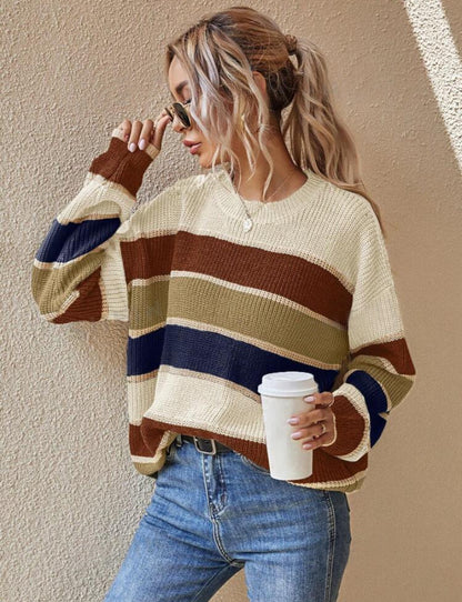 Women's Colorblock Striped Print Drop Shoulder Sweater, Soft Casual Long Sleeve Round Neck Jumper for Fall & Winter, Fashion Ladies' Knitwear for Daily Wear - Seldom Seen Styles