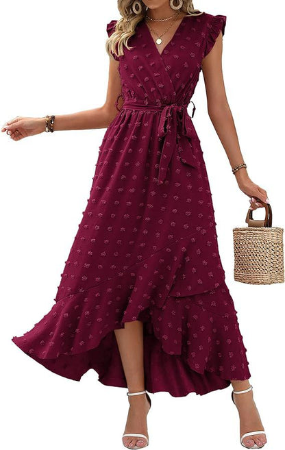 Women's V-Neck Summer Dress 2025 Cap Sleeve Swiss Dot Boho Flowy Ruffle Slit Beach