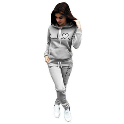 Two-Piece Set Women's Heart Print Raglan Sleeve Hoodie & Drawstring Waist Sweatpants Set, Casual Long Sleeve Hooded Pullover & Pocket Jogger Pants, Women's Fall & Winter Clothes, Holiday Outfits, Soft Clothes - Seldom Seen Styles
