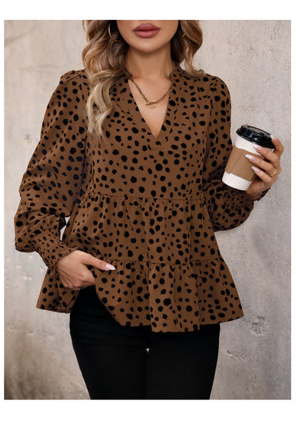 Leopard Print Blouse Shirts for Womens Black Polka Dots V Neck Long Sleeve Blouse Ruffle Flared Hem Babydoll Blouse