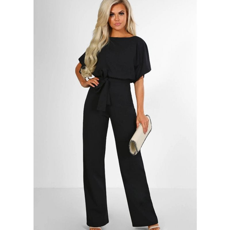 Womens Loose Short Sleeve Belted Wide Leg Pant Romper Jumpsuit Business Casual One Piece Outfits - Seldom Seen Styles