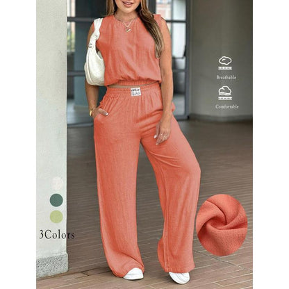 Two-Piece Set Women's Solid Color Tank Top & Wide Leg Pants Set, Casual Fashion Cozy Breathable Two-piece for Daily Outdoor Wear, Ladies Clothes for Summer, Suits - Seldom Seen Styles
