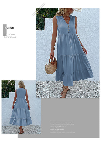 Summer Flowy Maxi Dress with Pockets Sleeveless Loose Casual Sundress V-Neck Tiered Sun Dress for Beach Cruise Vacations