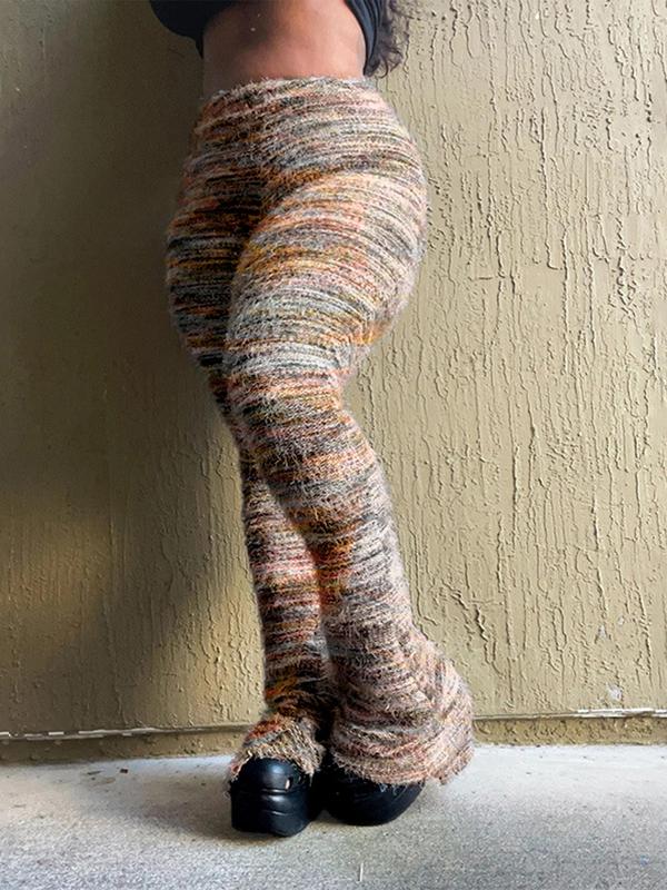 Women's Striped Print Flare Leg Fuzzy Sweater Pants, Casual Street Comfy Knit Bell Bottom Trousers For Fall & Winter, Women's Knitwear For Daily Wear - Seldom Seen Styles