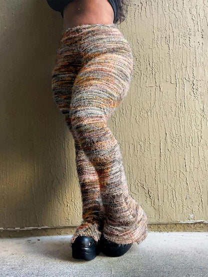 Women's Striped Print Flare Leg Fuzzy Sweater Pants, Casual Street Comfy Knit Bell Bottom Trousers For Fall & Winter, Women's Knitwear For Daily Wear - Seldom Seen Styles