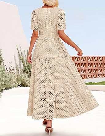 Womens 2025 Summer Maxi Dress Short Sleeve V Neck Hollow Out Eyelet A Line Long Flowy Beach Vacation Dresses