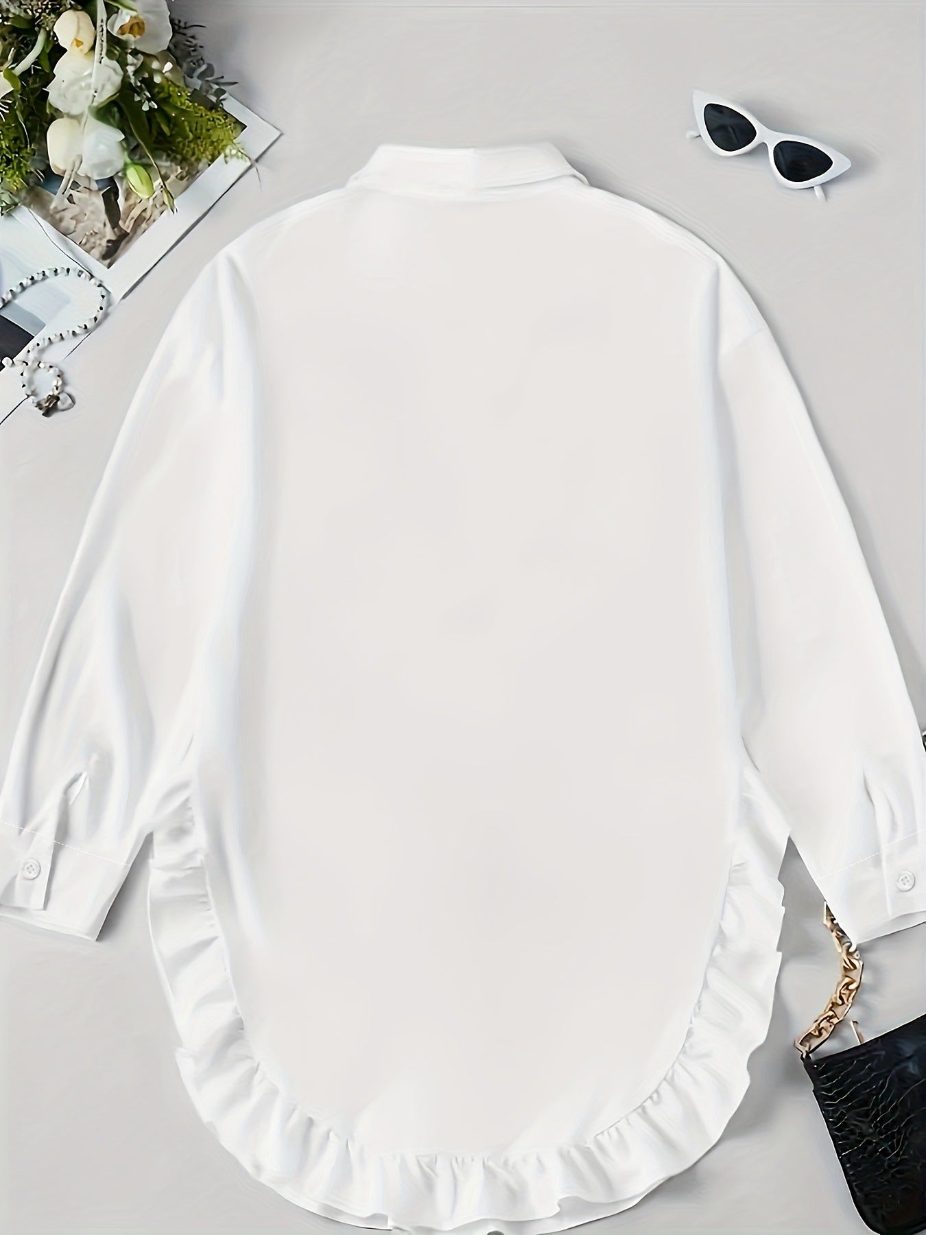 Women's Plain Ruffle Trim Button Front Blouse, Casual Fit Longsleeves Collared Top for Daily Wear, Ladies Clothes for All Seasons, Feminine - Seldom Seen Styles