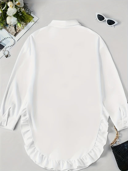 Women's Plain Ruffle Trim Button Front Blouse, Casual Fit Longsleeves Collared Top for Daily Wear, Ladies Clothes for All Seasons, Feminine - Seldom Seen Styles