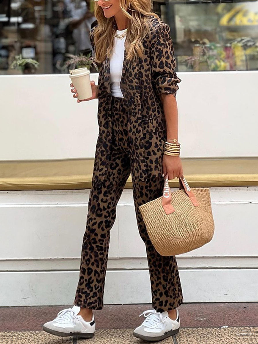 Womens Lapel Leopard Print Casual Set - Seldom Seen Styles