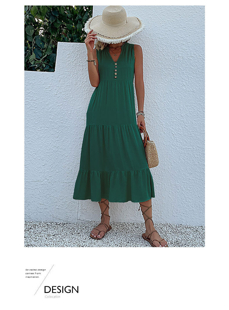 Summer Flowy Maxi Dress with Pockets Sleeveless Loose Casual Sundress V-Neck Tiered Sun Dress for Beach Cruise Vacations