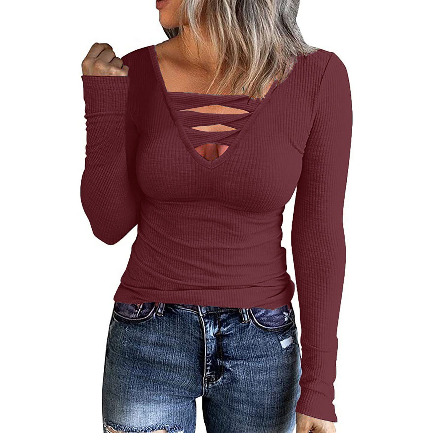Women's Plain Twist Cut Out V Neck Tee, Casual Long Sleeve Ribbed T-shirt for Summer, Ladies  Tops  Clothes for Daily Wear - Seldom Seen Styles