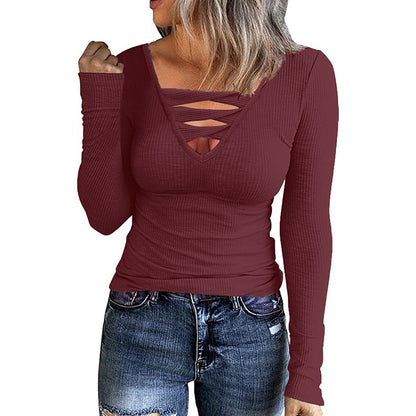 Women's Plain Twist Cut Out V Neck Tee, Casual Long Sleeve Ribbed T-shirt for Summer, Ladies  Tops  Clothes for Daily Wear - Seldom Seen Styles