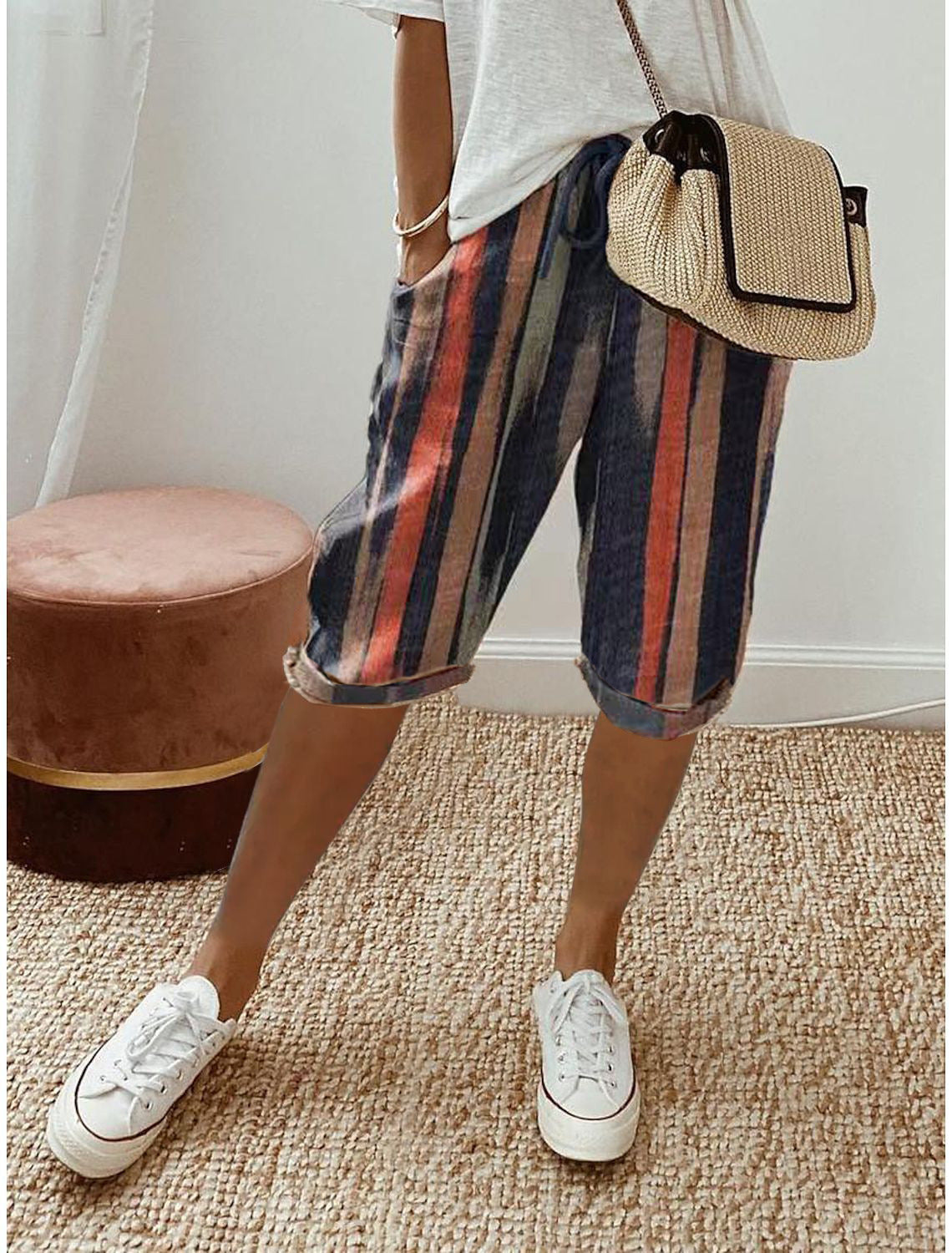 Womens Cotton Linen Shorts Knee Length Drawstring Elastic Waist Summer Casual Gym Going Out Shorts with Pockets - Seldom Seen Styles