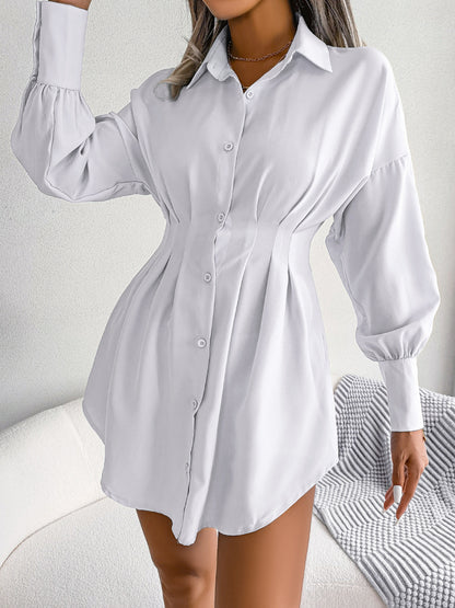 Women's Button Down Shirt Dress, Long Sleeve, Pleated Waist, Multiple Color Options Available - Seldom Seen Styles
