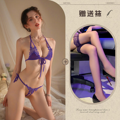 New Sexy Three-Piece Lingerie Set, No Need to Remove Bikini, Open Crotch, Tempting Plus Size Women's Set