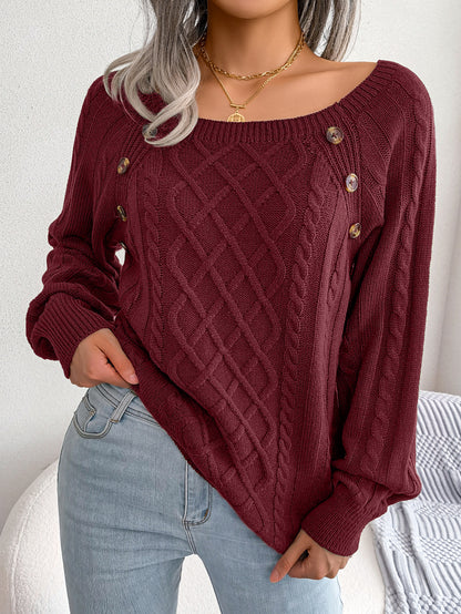 Women's Solid Textured Fake Buttons Raglan Sleeve Crewneck Sweater Tops for Spring, Casual Chic Style Round Neck Long Sleeves Knitting Jumper, Fall Clothes, Downtown Girl Knitwear Clothes - Seldom Seen Styles