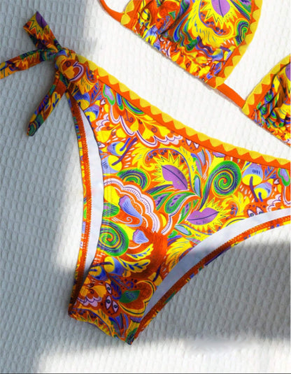 Women's Bikini Sets 2 Piece Halter Triangle Allover Print Swimsuit Set Boho Knot Side Bathing Suit Set