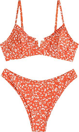 Women's Underwire Bikini Floral High Cut Bikini Set V-Wired Two Piece Swimsuit Bathing Suit