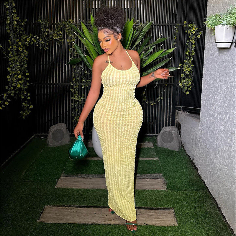 Women's Solid Backless Frill Trim Cami Dress, Fashion Casual Tie Back Sleeveless Bodycon Maxi Spaghetti Strap Dress for Party Club Dating Wear, Ladies Summer Clothes, Dresses for Women, Summer Dresses, Womenswear, Vacation Dresses, Cocktail Party Dresses - Seldom Seen Styles