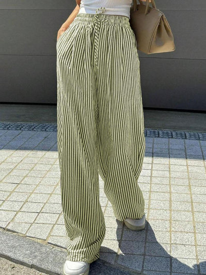 Women Casual Drawstring Elastic Waist Striped Wide Leg Pants with Pockets - Seldom Seen Styles