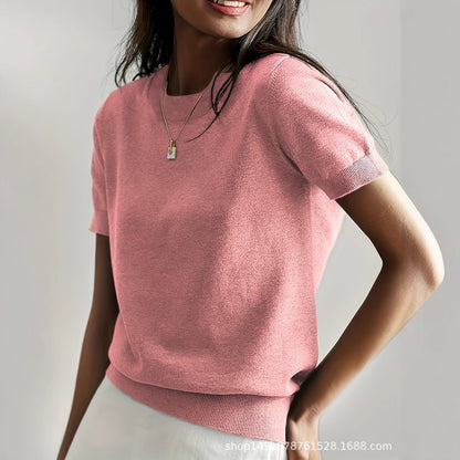 Women's Solid Color Crew Neck Short Sleeve Sweater, Chic Casual Basic Knit Pullover for Spring & Fall, Fashion Women's Knitwear for Daily Wear, Womenswear - Seldom Seen Styles