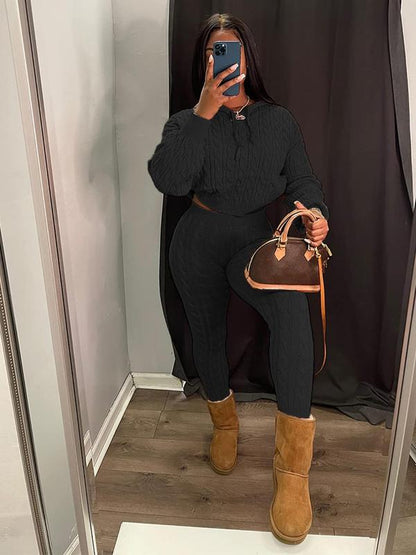Women's Minimalist Textured Long Sleeve Crop Hooded Sweater & High Waist Skinny Pants Set, Casual Cozy Lady Knitwear Outfits Suits, Basic Womenswear - Seldom Seen Styles