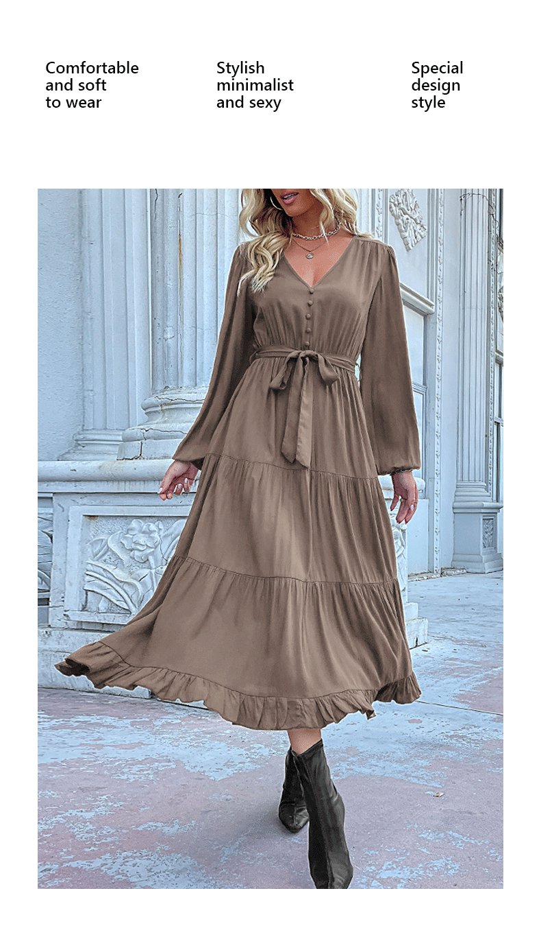 Women's Spring Dresses 2025 Long Sleeve V Neck Button Down Belted A-Line Flowy Ruffle Maxi Shirt Dress Pockets