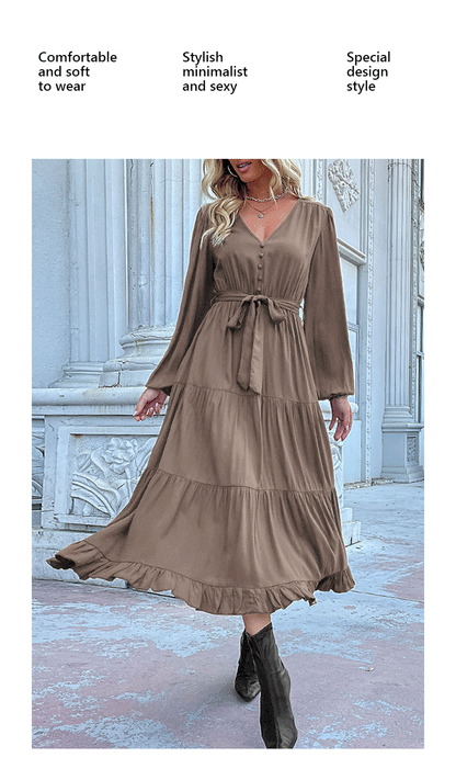 Women's Spring Dresses 2025 Long Sleeve V Neck Button Down Belted A-Line Flowy Ruffle Maxi Shirt Dress Pockets