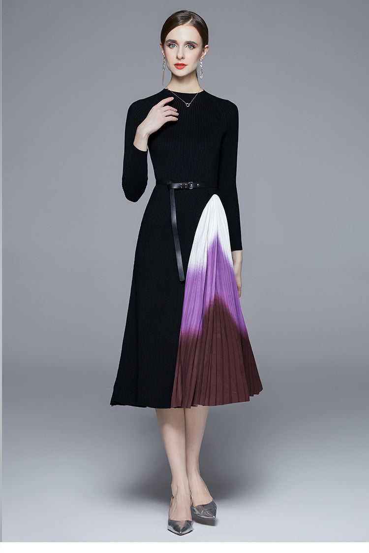 Reese Gradient Patchwork Pleated Midi Dress  Knitted Patchwork Gradient Color Pleated Slim Waist Large Swing Long Dress