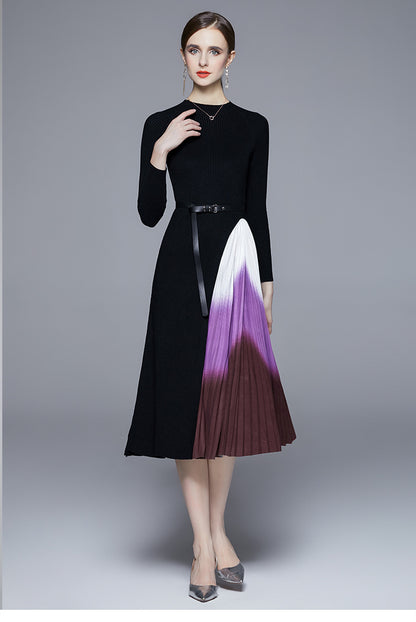 Reese Gradient Patchwork Pleated Midi Dress  Knitted Patchwork Gradient Color Pleated Slim Waist Large Swing Long Dress