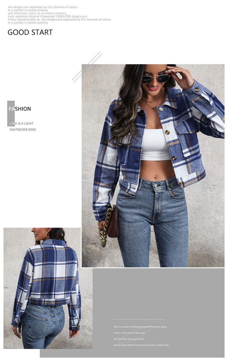 Women's Flannel Cropped Plaid Shacket Jacket Button Down Long Sleeve Shirts Tops