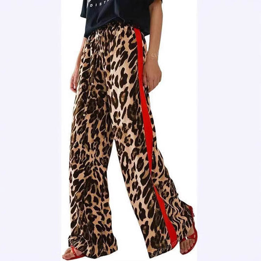 Women's Casual Pants Drawstring Leopard Print Color Block Side Striped Straight Leg Wide Leg Loose Pants - Seldom Seen Styles