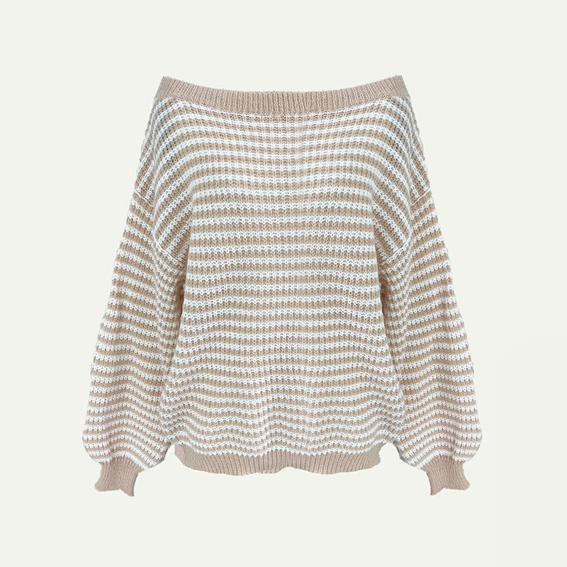 Women's Striped Drop Shoulder Sweater, Y2k Casual Bishop Sleeve Boat Neck Jumper Tops for Daily Outdoor Wear Back To School, Sweaters for Women, Ladies Knitwear for Fall, Fall Outfits, Fallfreshness, Preppy 80s Clothes - Seldom Seen Styles