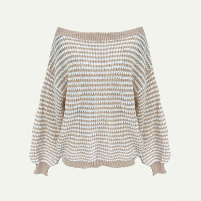Women's Striped Drop Shoulder Sweater, Y2k Casual Bishop Sleeve Boat Neck Jumper Tops for Daily Outdoor Wear Back To School, Sweaters for Women, Ladies Knitwear for Fall, Fall Outfits, Fallfreshness, Preppy 80s Clothes - Seldom Seen Styles