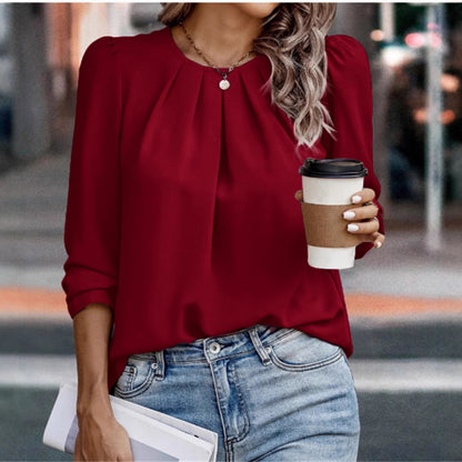 Womens Tops Dressy Casual Pleated Crew Neck Long Sleeve Shirts Office Work Chiffon Blouses - Seldom Seen Styles