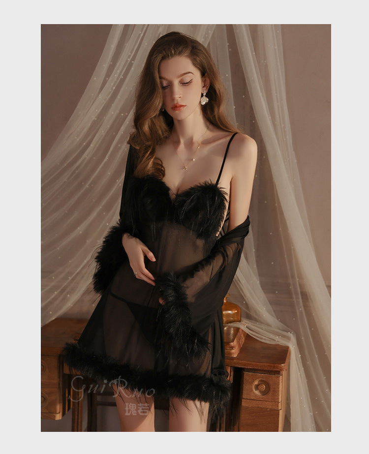 Womens Sexy 3 Piece Fuzzy Lingerie Set Transparent Tulle Nightshirt With Robe and G-String - Seldom Seen Styles