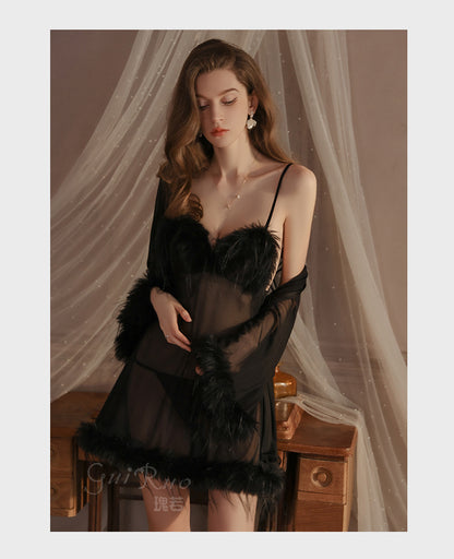 Womens Sexy 3 Piece Fuzzy Lingerie Set Transparent Tulle Nightshirt With Robe and G-String - Seldom Seen Styles