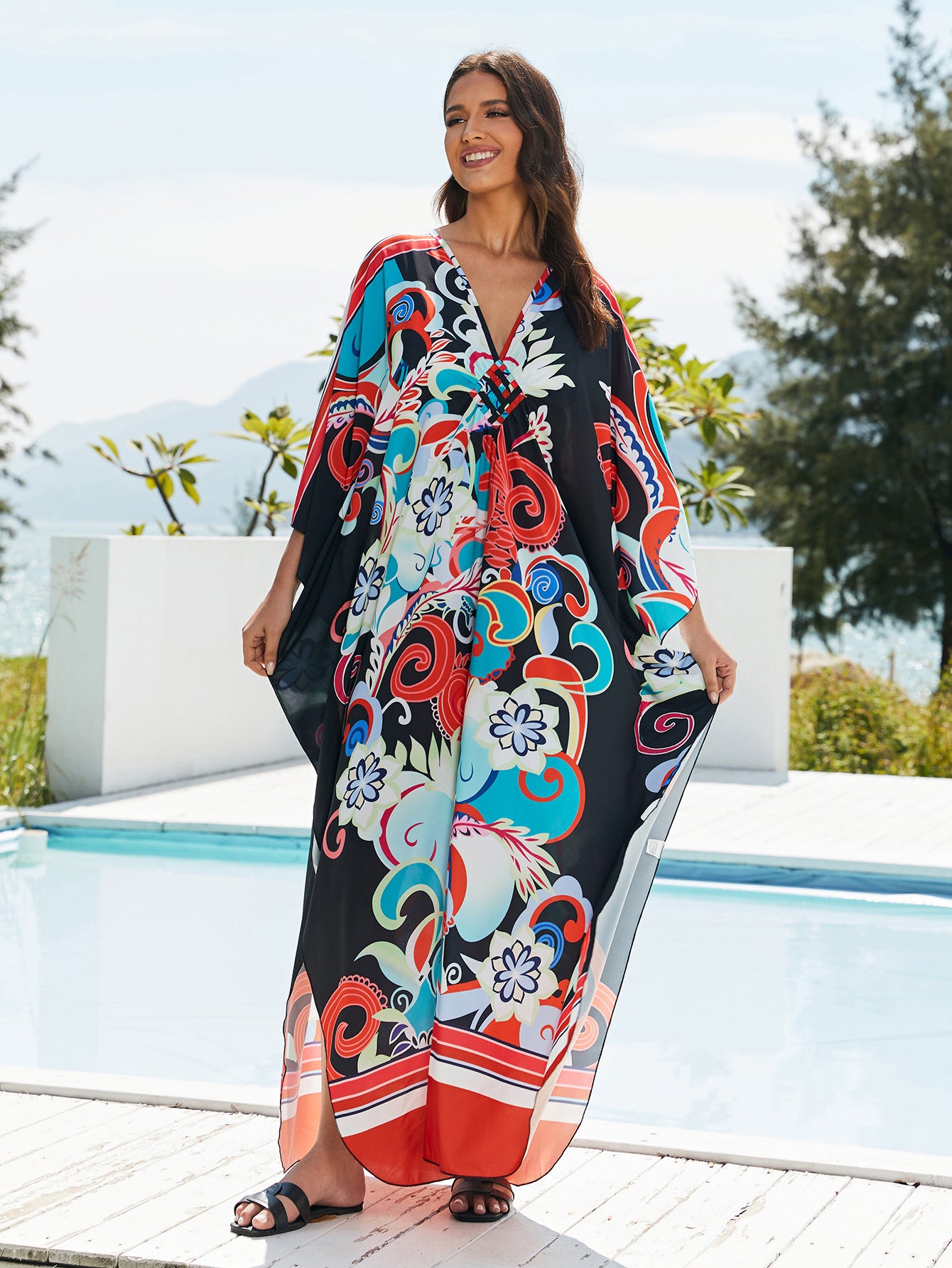 [Plus Size] Butterfly/feather Print Ruched Split Hem Tunic Dress, Valentine's Day Elegant Batwing Sleeve V Neck Long Dress for Summer, Casual Womenswear, Gift, Homecoming Dresses, Women's Clothes for Beach Holiday Vacation, Moo Moo Dresses