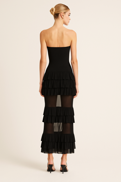 KIMBERLY STRAPLESS MESH RUFFLE DRESS - Seldom Seen Styles