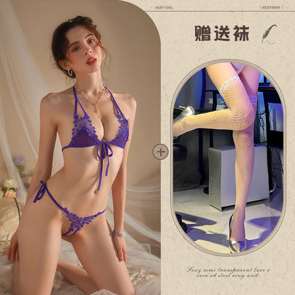 New Sexy Three-Piece Lingerie Set, No Need to Remove Bikini, Open Crotch, Tempting Plus Size Women's Set