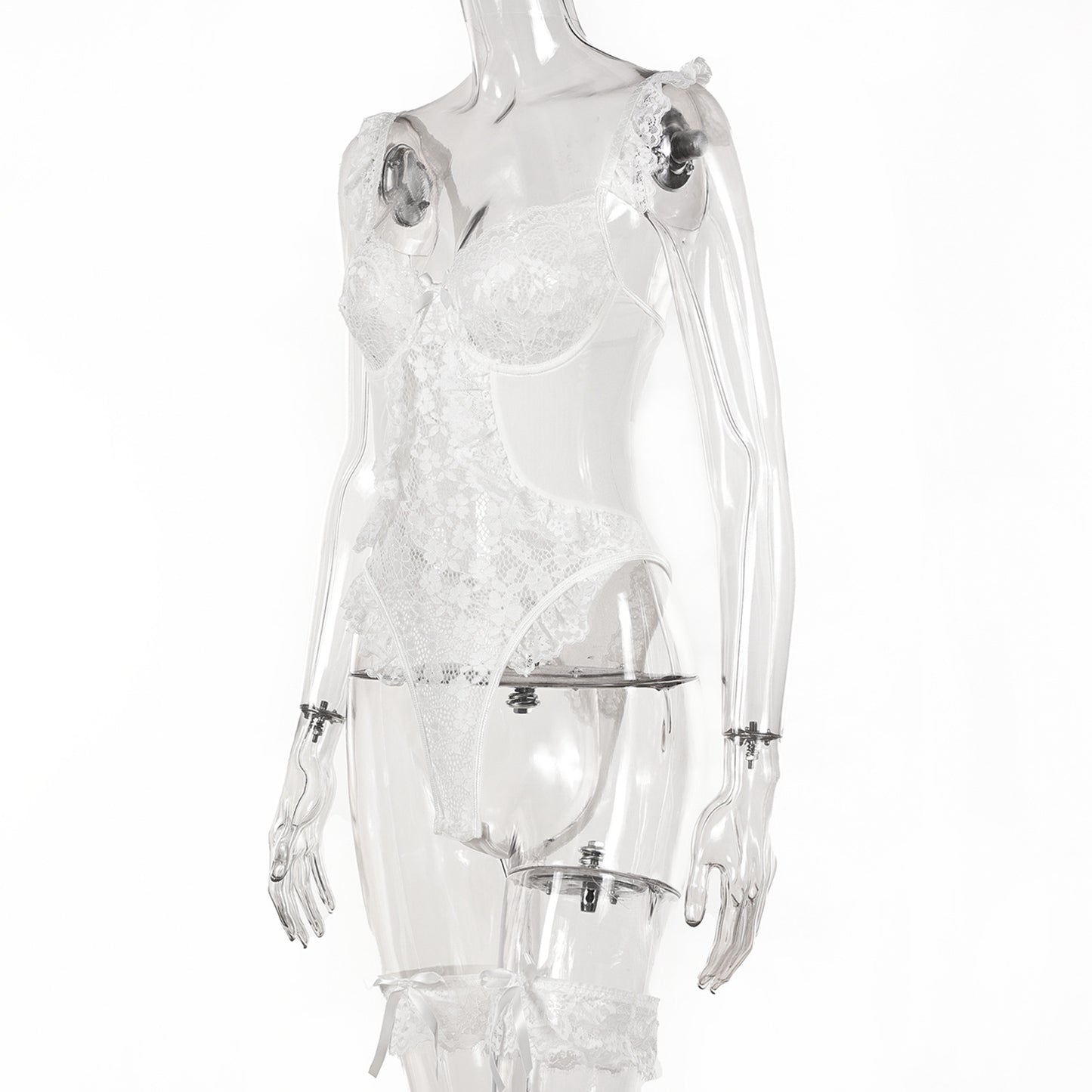 Women Sexy Lingerie Bodysuit Floral Lace Teddy Babydoll Snap Crotch Ruffle One Piece with Thigh Bands